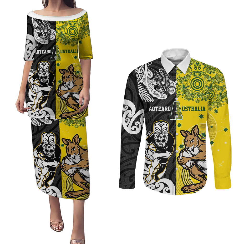 Aotearoa New Zealand and Australia Rugby Personalized Couples Matching Puletasi and Long Sleeve Button Shirt Maori Koru and Aboriginal Dot Art Cultural Heritage LT03 Multicolor - Polynesian Pride