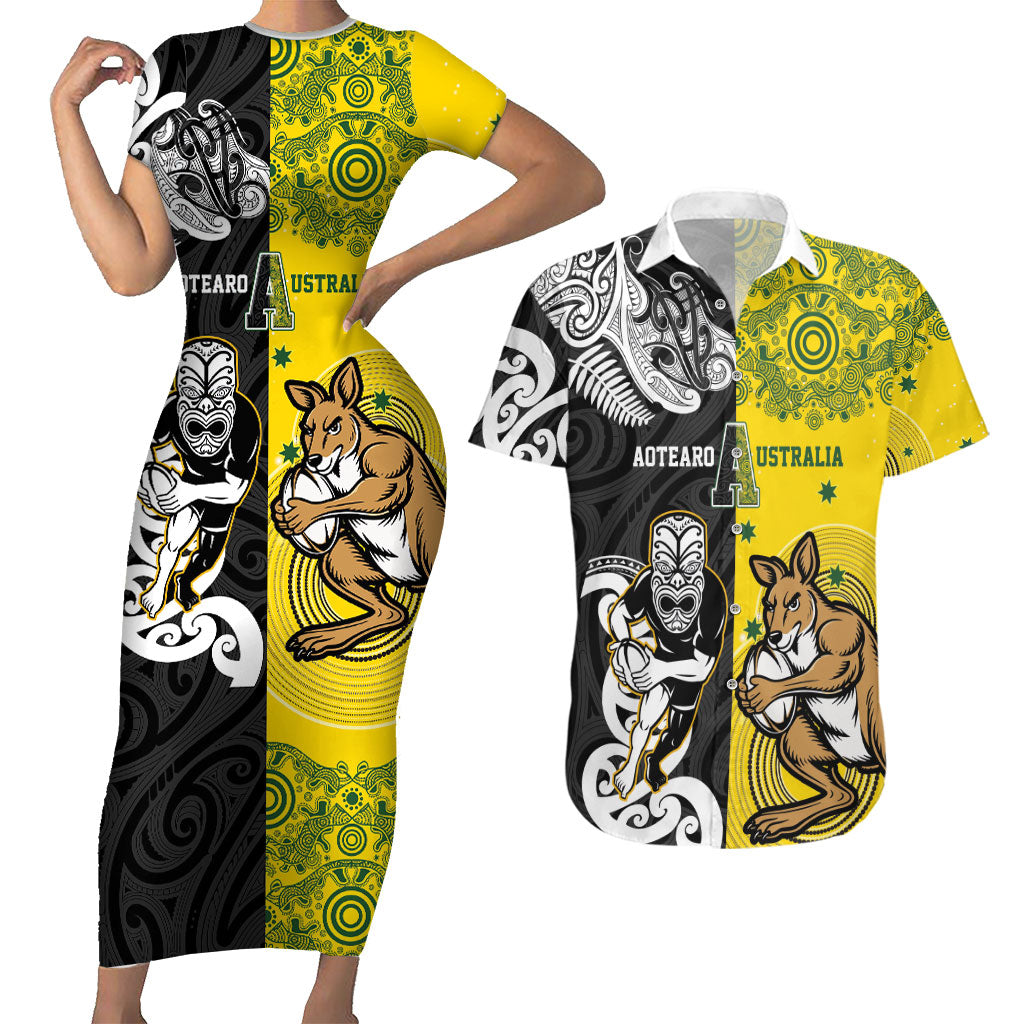 Aotearoa New Zealand and Australia Rugby Personalized Couples Matching Short Sleeve Bodycon Dress and Hawaiian Shirt Maori Koru and Aboriginal Dot Art Cultural Heritage LT03 Multicolor - Polynesian Pride