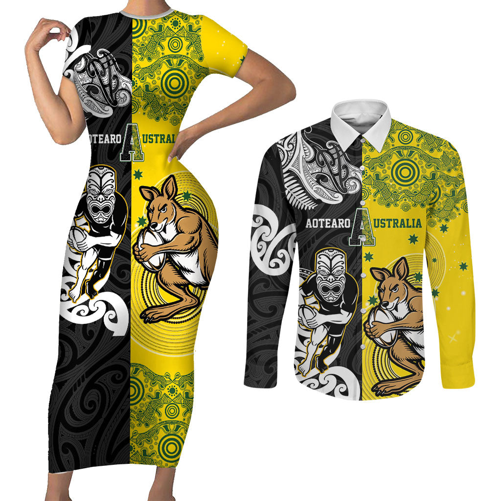 Aotearoa New Zealand and Australia Rugby Personalized Couples Matching Short Sleeve Bodycon Dress and Long Sleeve Button Shirt Maori Koru and Aboriginal Dot Art Cultural Heritage LT03 Multicolor - Polynesian Pride