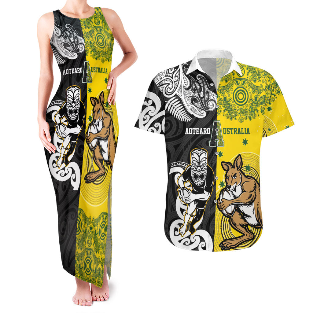 Aotearoa New Zealand and Australia Rugby Personalized Couples Matching Tank Maxi Dress and Hawaiian Shirt Maori Koru and Aboriginal Dot Art Cultural Heritage LT03 Multicolor - Polynesian Pride