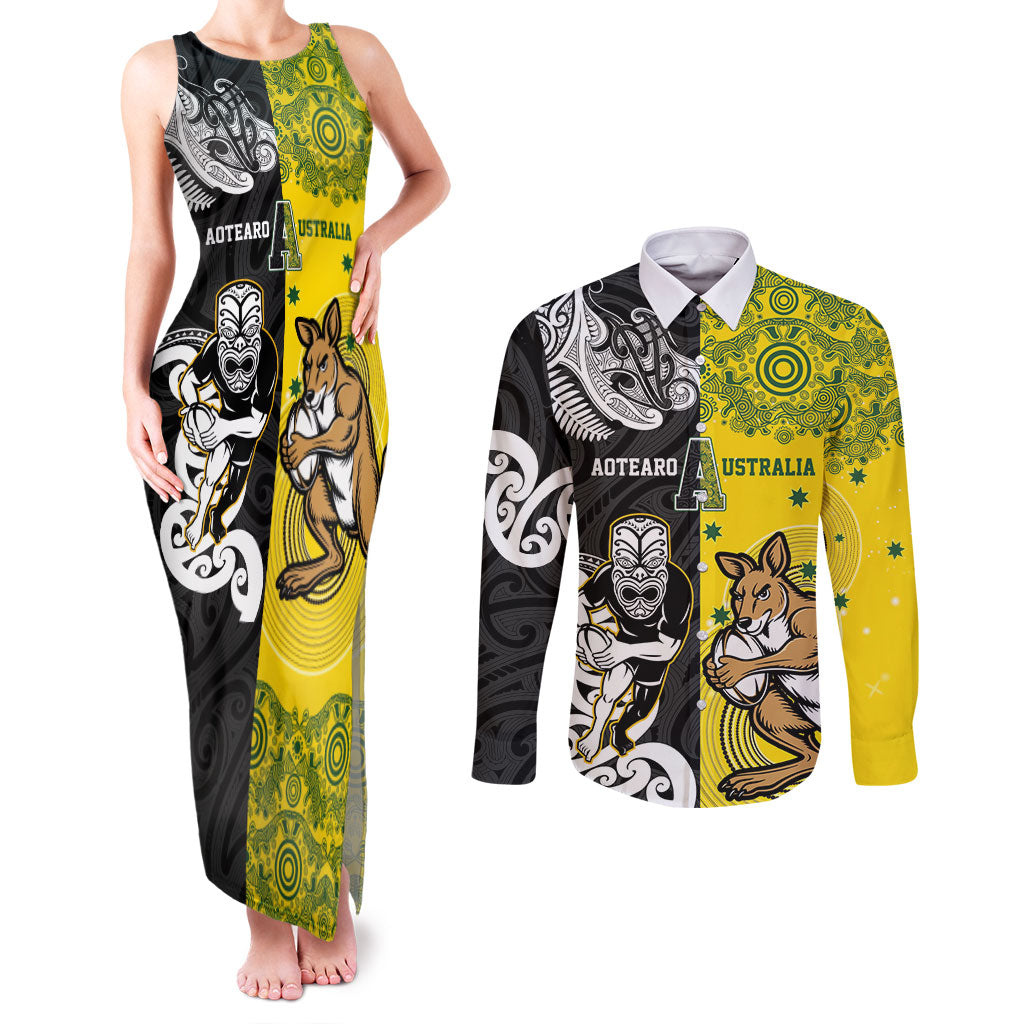 Aotearoa New Zealand and Australia Rugby Personalized Couples Matching Tank Maxi Dress and Long Sleeve Button Shirt Maori Koru and Aboriginal Dot Art Cultural Heritage LT03 Multicolor - Polynesian Pride