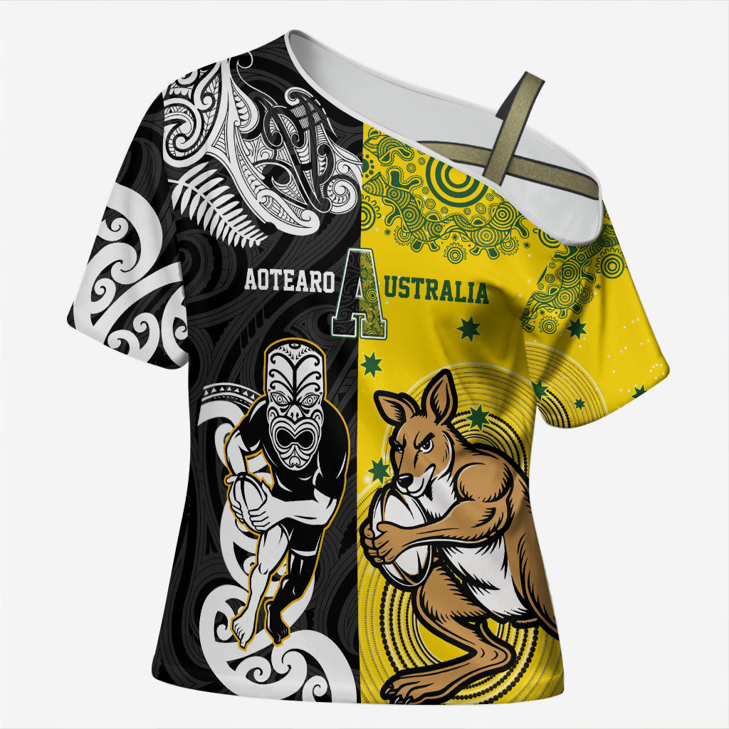 Aotearoa New Zealand and Australia Rugby Personalized Cross Shoulder Shirt Maori Koru and Aboriginal Dot Art Cultural Heritage LT03 Female Multicolor - Polynesian Pride