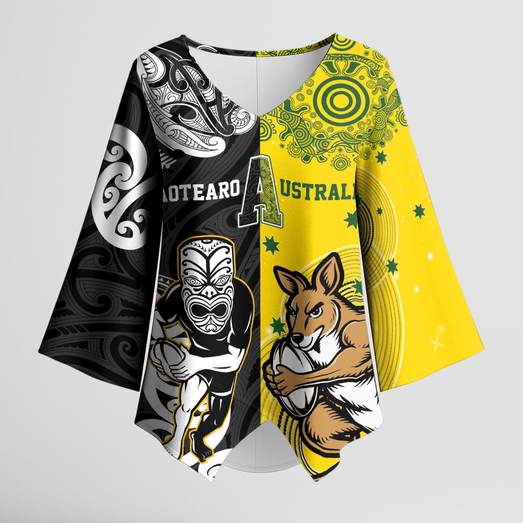 Aotearoa New Zealand and Australia Rugby Personalized Kimono Sleeve Blouse Maori Koru and Aboriginal Dot Art Cultural Heritage