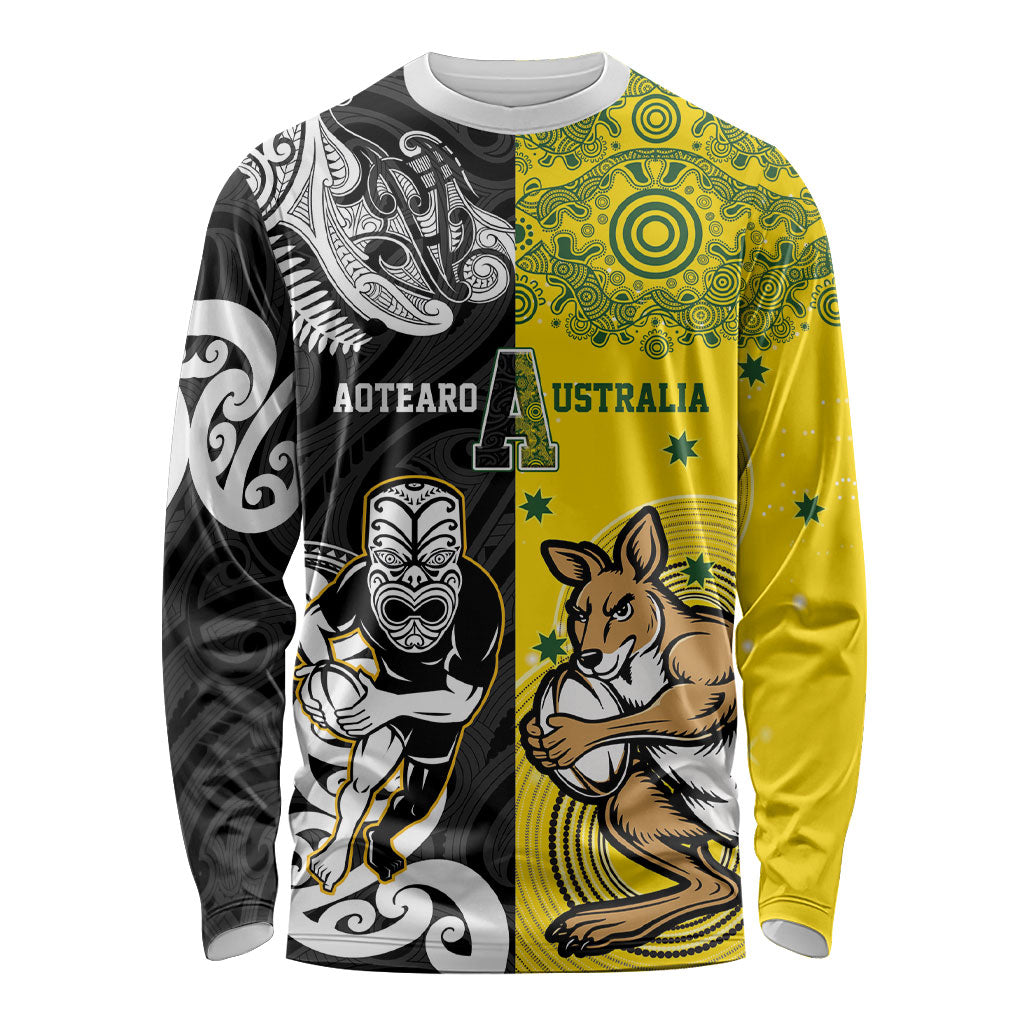 Aotearoa New Zealand and Australia Rugby Personalized Long Sleeve Shirt Maori Koru and Aboriginal Dot Art Cultural Heritage LT03 Unisex Multicolor - Polynesian Pride
