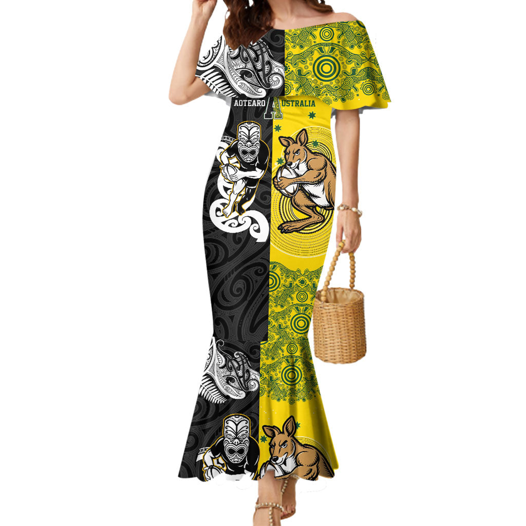 Aotearoa New Zealand and Australia Rugby Personalized Mermaid Dress Maori Koru and Aboriginal Dot Art Cultural Heritage LT03 Women Multicolor - Polynesian Pride