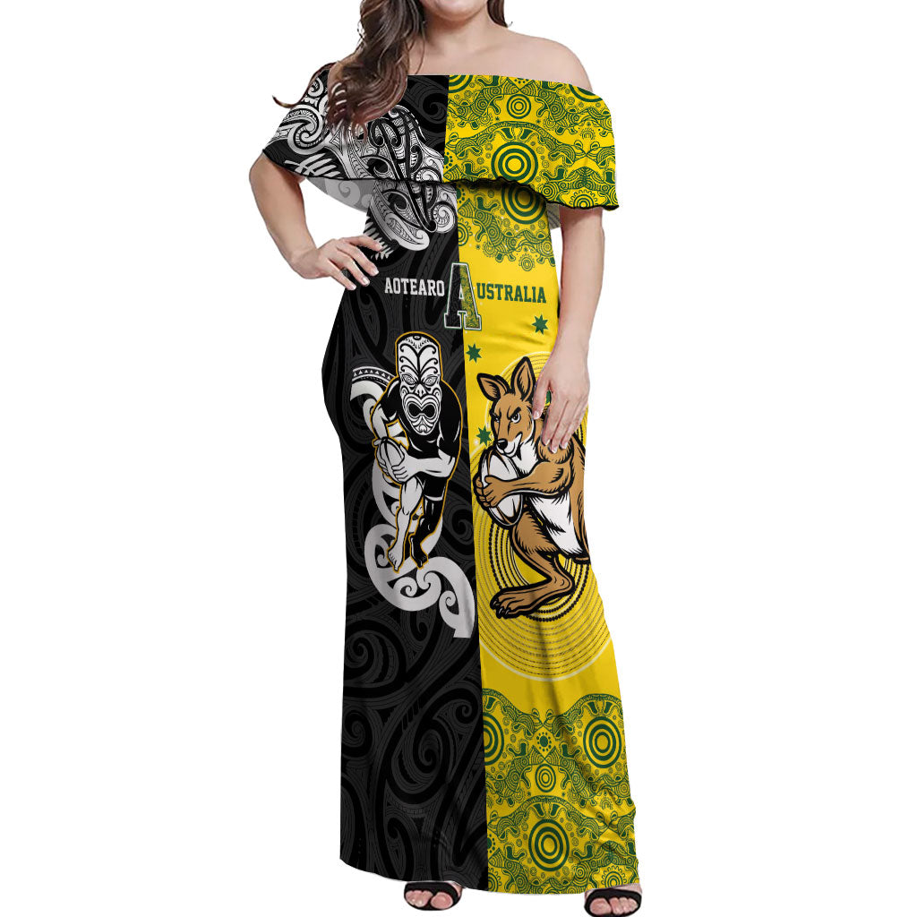 Aotearoa New Zealand and Australia Rugby Personalized Off Shoulder Maxi Dress Maori Koru and Aboriginal Dot Art Cultural Heritage LT03 Women Multicolor - Polynesian Pride