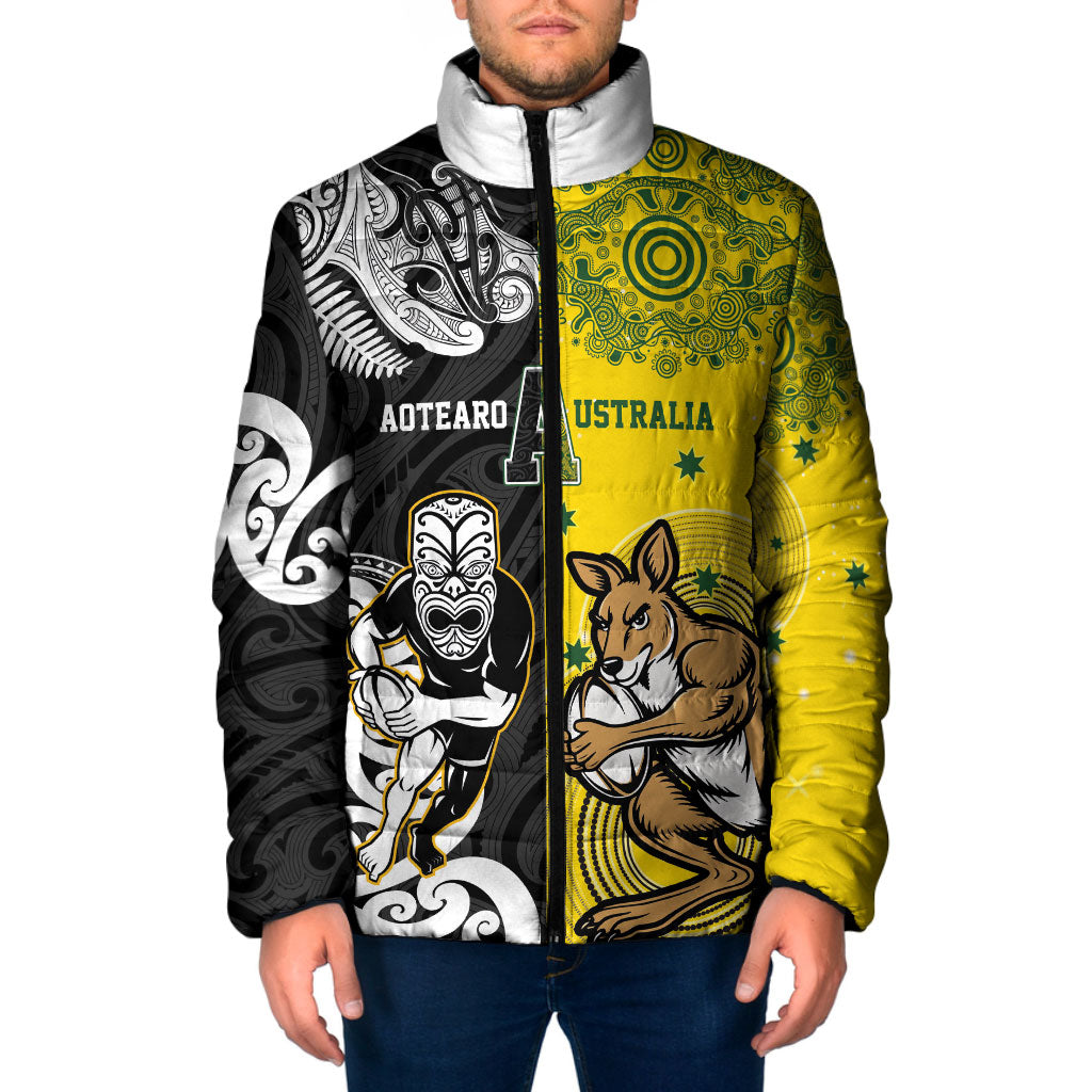 Aotearoa New Zealand and Australia Rugby Personalized Padded Jacket Maori Koru and Aboriginal Dot Art Cultural Heritage