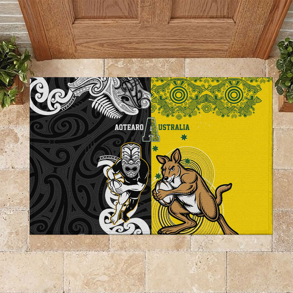 Aotearoa New Zealand and Australia Rugby Rubber Doormat Maori Koru and Aboriginal Dot Art Cultural Heritage