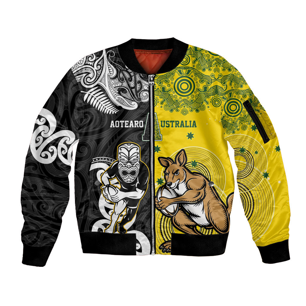 Aotearoa New Zealand and Australia Rugby Personalized Sleeve Zip Bomber Jacket Maori Koru and Aboriginal Dot Art Cultural Heritage LT03 Unisex Multicolor - Polynesian Pride