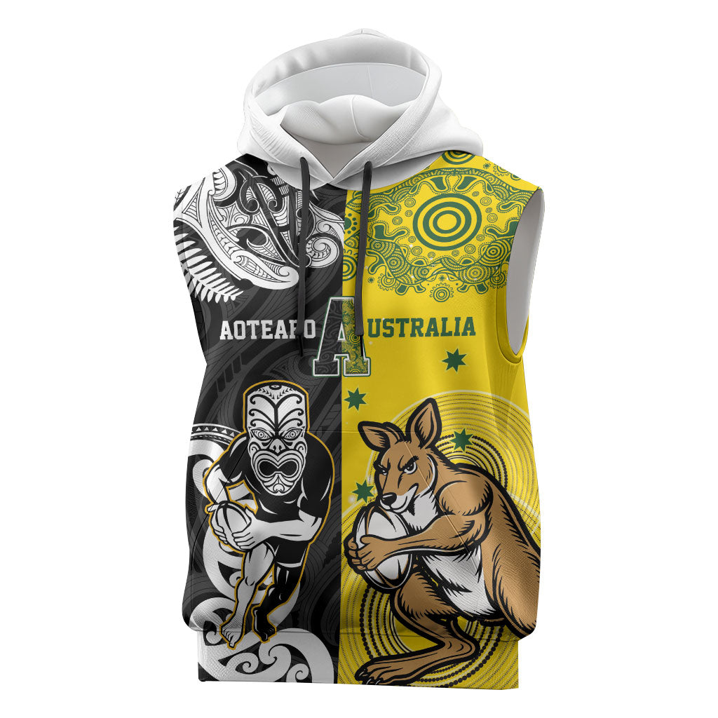 Aotearoa New Zealand and Australia Rugby Personalized Sleeveless Hoodie Maori Koru and Aboriginal Dot Art Cultural Heritage LT03 Multicolor - Polynesian Pride