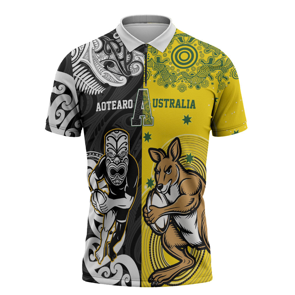 Aotearoa New Zealand and Australia Rugby Personalized Zipper Polo Shirt Maori Koru and Aboriginal Dot Art Cultural Heritage