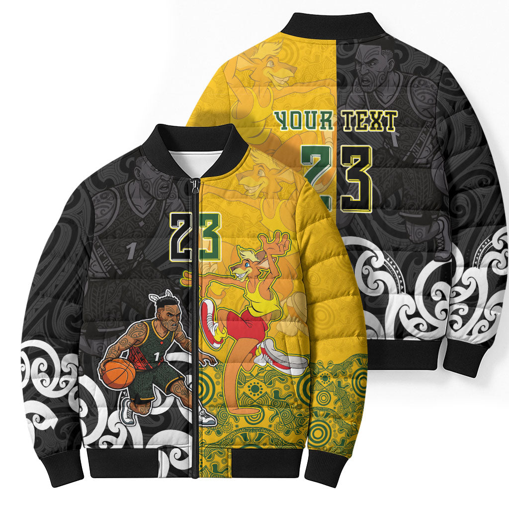 Aotearoa New Zealand And Australia Basketball Custom Bomber Puffer Jacket Maori Tribal Tattoo And Aboriginal Dot Art Heritage