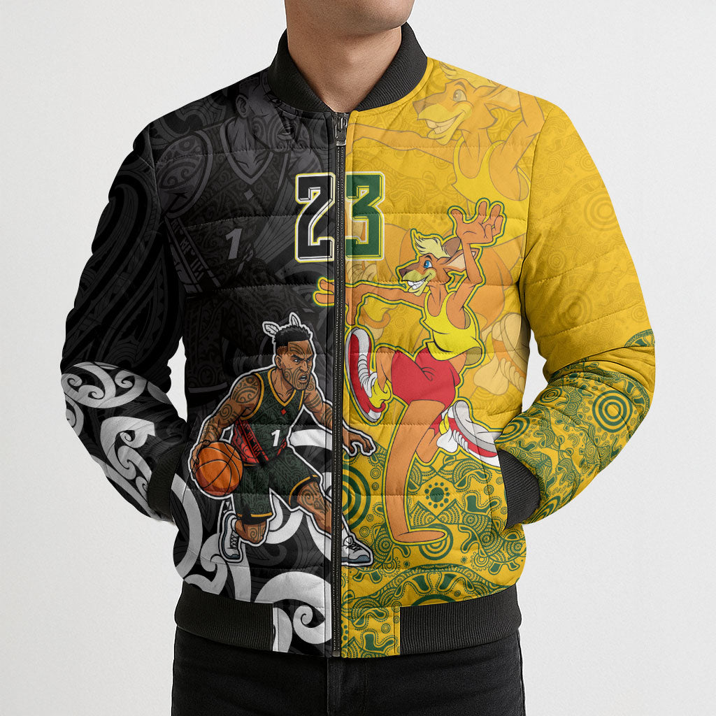 Aotearoa New Zealand And Australia Basketball Custom Bomber Puffer Jacket Maori Tribal Tattoo And Aboriginal Dot Art Heritage