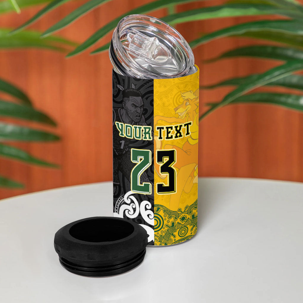 Aotearoa New Zealand And Australia Basketball Custom 4 in 1 Can Cooler Tumbler Maori Tribal Tattoo And Aboriginal Dot Art Heritage