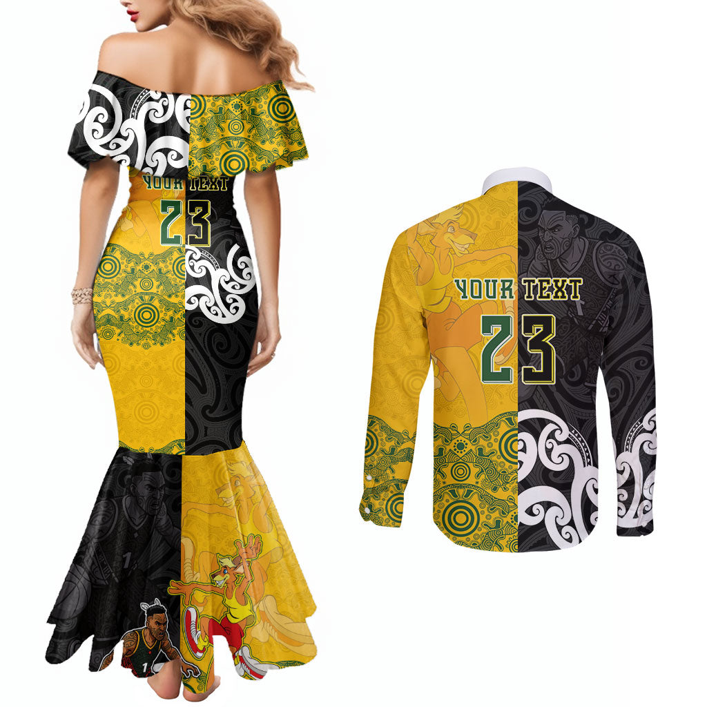 Aotearoa New Zealand And Australia Basketball Custom Couples Matching Mermaid Dress and Long Sleeve Button Shirt Maori Tribal Tattoo And Aboriginal Dot Art Heritage