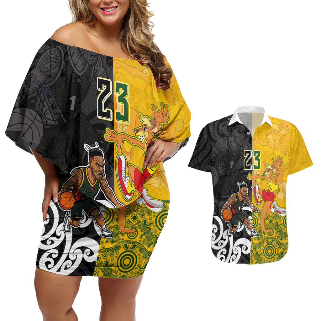 Aotearoa New Zealand And Australia Basketball Custom Couples Matching Off Shoulder Short Dress and Hawaiian Shirt Maori Tribal Tattoo And Aboriginal Dot Art Heritage