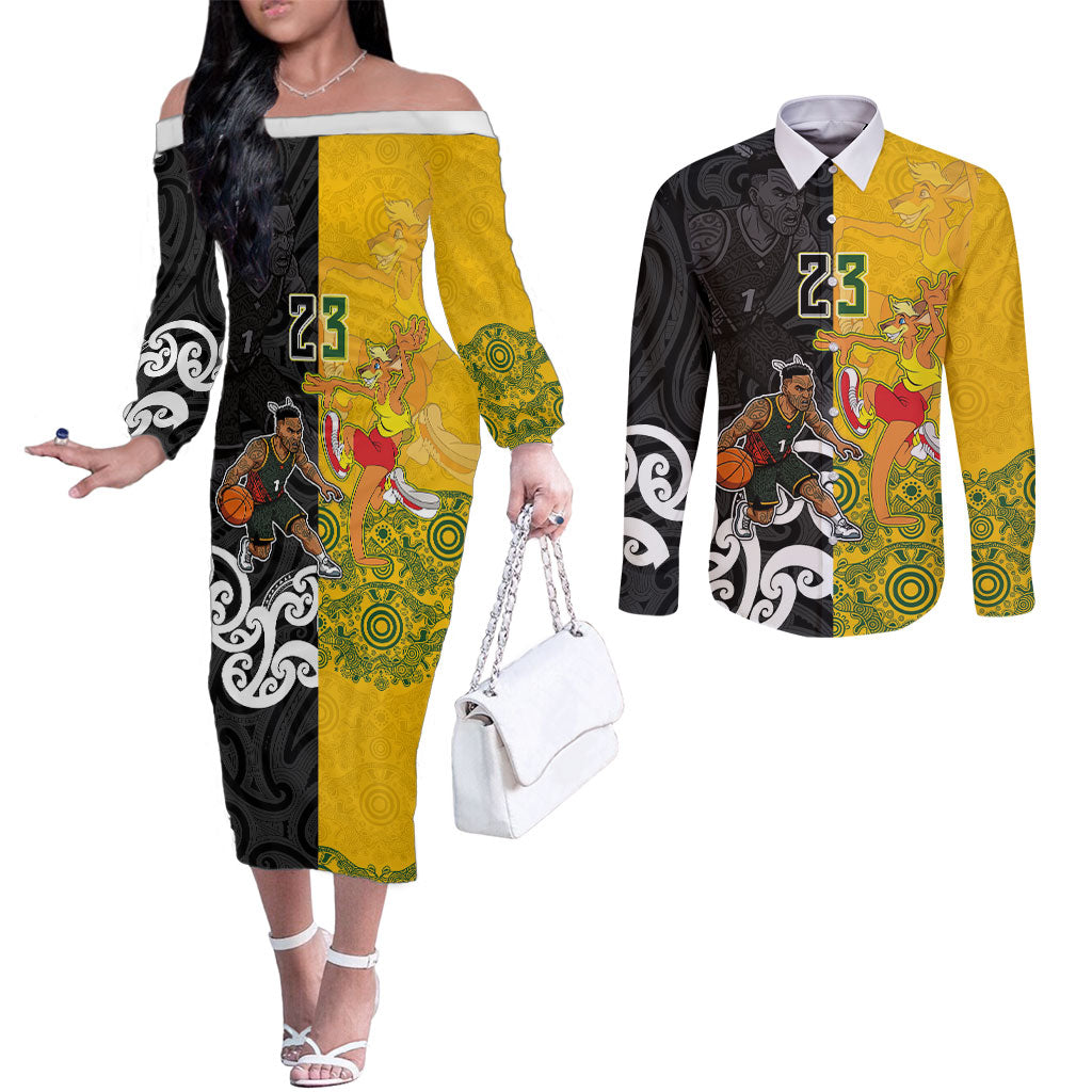 Aotearoa New Zealand And Australia Basketball Custom Couples Matching Off The Shoulder Long Sleeve Dress and Long Sleeve Button Shirt Maori Tribal Tattoo And Aboriginal Dot Art Heritage