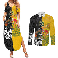 Aotearoa New Zealand And Australia Basketball Custom Couples Matching Summer Maxi Dress and Long Sleeve Button Shirt Maori Tribal Tattoo And Aboriginal Dot Art Heritage