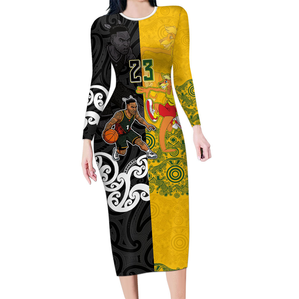 Aotearoa New Zealand And Australia Basketball Custom Family Matching Long Sleeve Bodycon Dress and Hawaiian Shirt Maori Tribal Tattoo And Aboriginal Dot Art Heritage