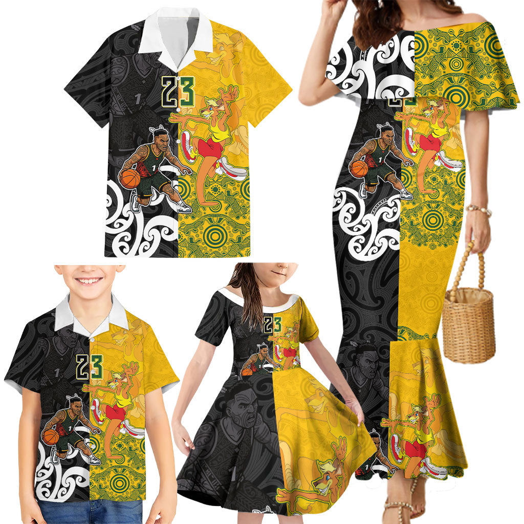 Aotearoa New Zealand And Australia Basketball Custom Family Matching Mermaid Dress and Hawaiian Shirt Maori Tribal Tattoo And Aboriginal Dot Art Heritage