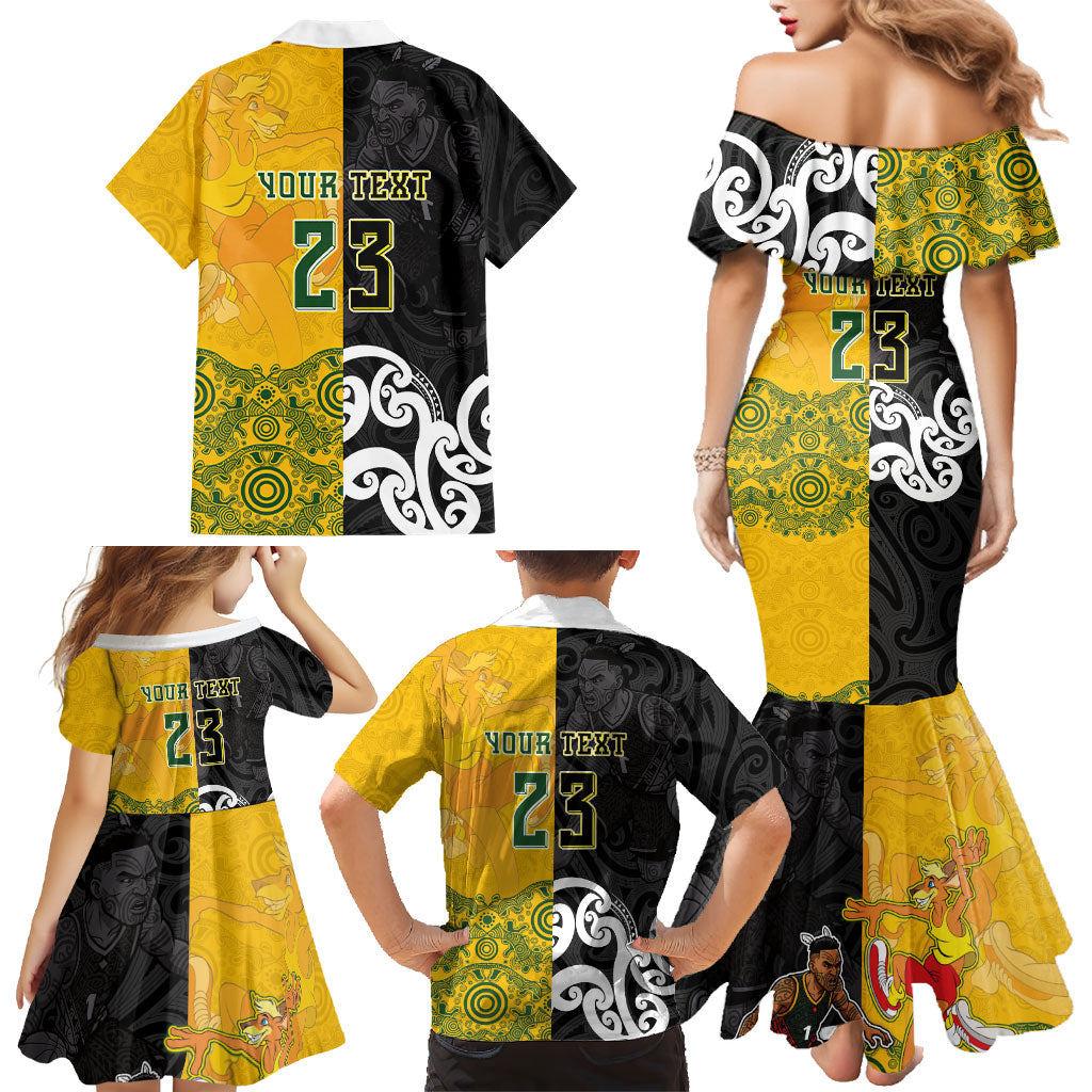Aotearoa New Zealand And Australia Basketball Custom Family Matching Mermaid Dress and Hawaiian Shirt Maori Tribal Tattoo And Aboriginal Dot Art Heritage