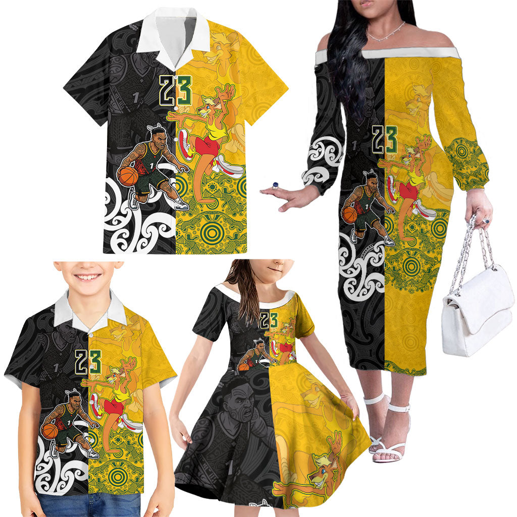Aotearoa New Zealand And Australia Basketball Custom Family Matching Off The Shoulder Long Sleeve Dress and Hawaiian Shirt Maori Tribal Tattoo And Aboriginal Dot Art Heritage