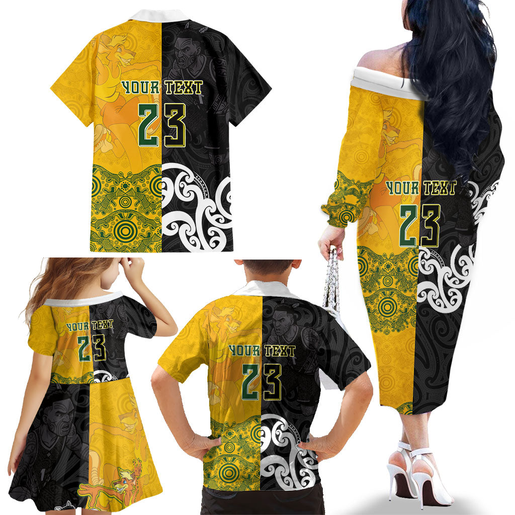 Aotearoa New Zealand And Australia Basketball Custom Family Matching Off The Shoulder Long Sleeve Dress and Hawaiian Shirt Maori Tribal Tattoo And Aboriginal Dot Art Heritage