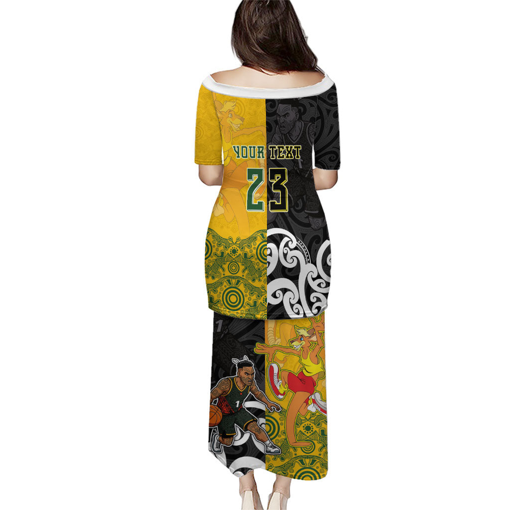 Aotearoa New Zealand And Australia Basketball Custom Family Matching Puletasi and Hawaiian Shirt Maori Tribal Tattoo And Aboriginal Dot Art Heritage
