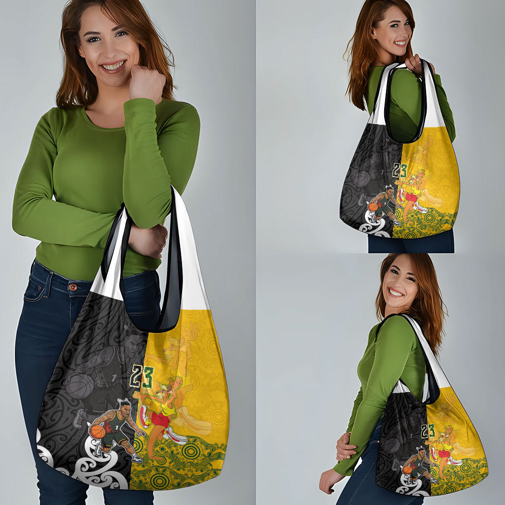 Aotearoa New Zealand And Australia Basketball Custom Grocery Bag Maori Tribal Tattoo And Aboriginal Dot Art Heritage