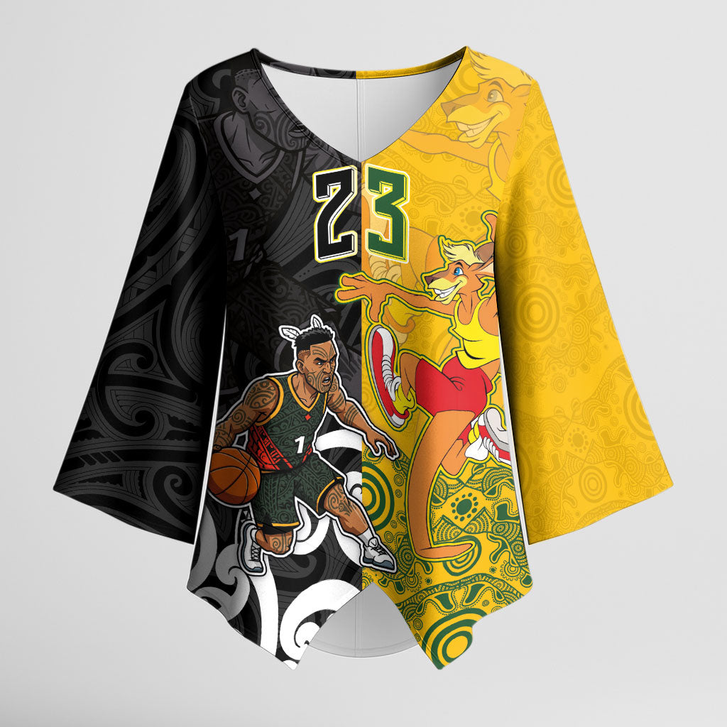 Aotearoa New Zealand And Australia Basketball Custom Kimono Sleeve Blouse Maori Tribal Tattoo And Aboriginal Dot Art Heritage