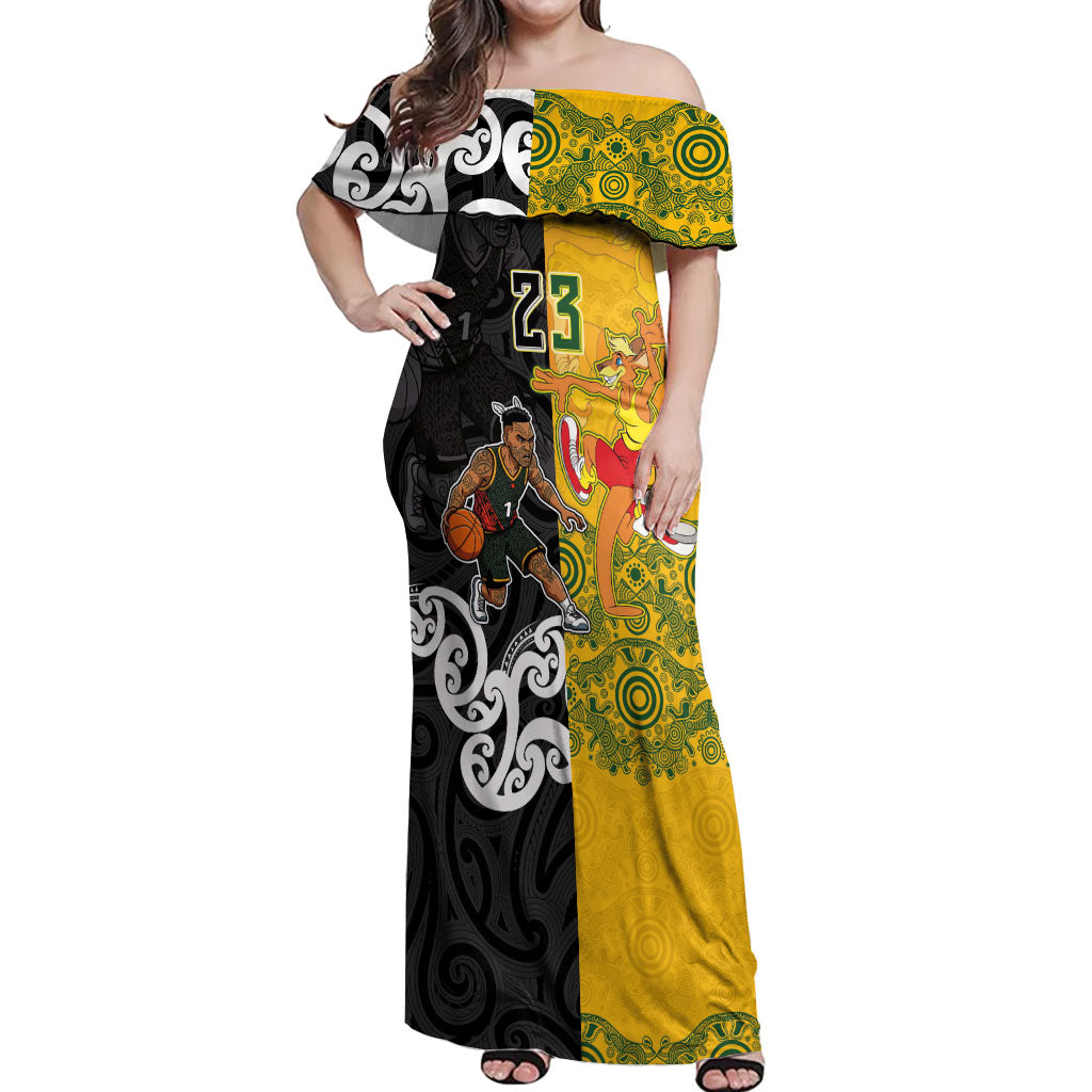 Aotearoa New Zealand And Australia Basketball Custom Off Shoulder Maxi Dress Maori Tribal Tattoo And Aboriginal Dot Art Heritage