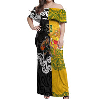 Aotearoa New Zealand And Australia Basketball Custom Off Shoulder Maxi Dress Maori Tribal Tattoo And Aboriginal Dot Art Heritage