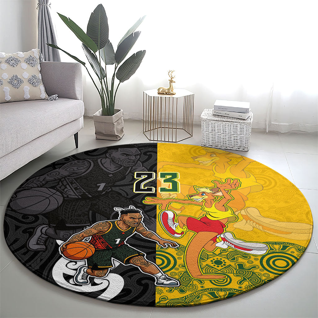 Aotearoa New Zealand And Australia Basketball Custom Round Carpet Maori Tribal Tattoo And Aboriginal Dot Art Heritage