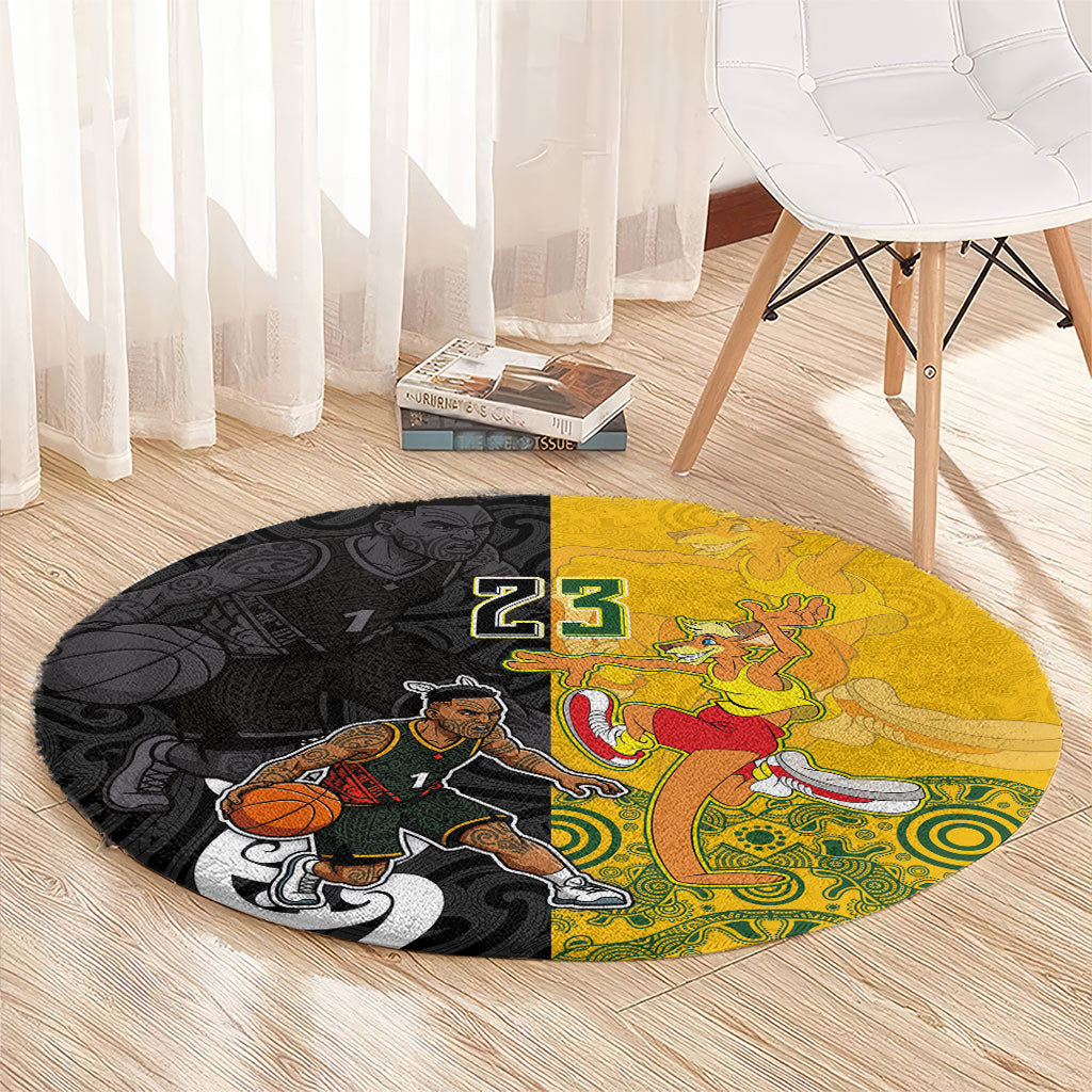 Aotearoa New Zealand And Australia Basketball Custom Round Carpet Maori Tribal Tattoo And Aboriginal Dot Art Heritage