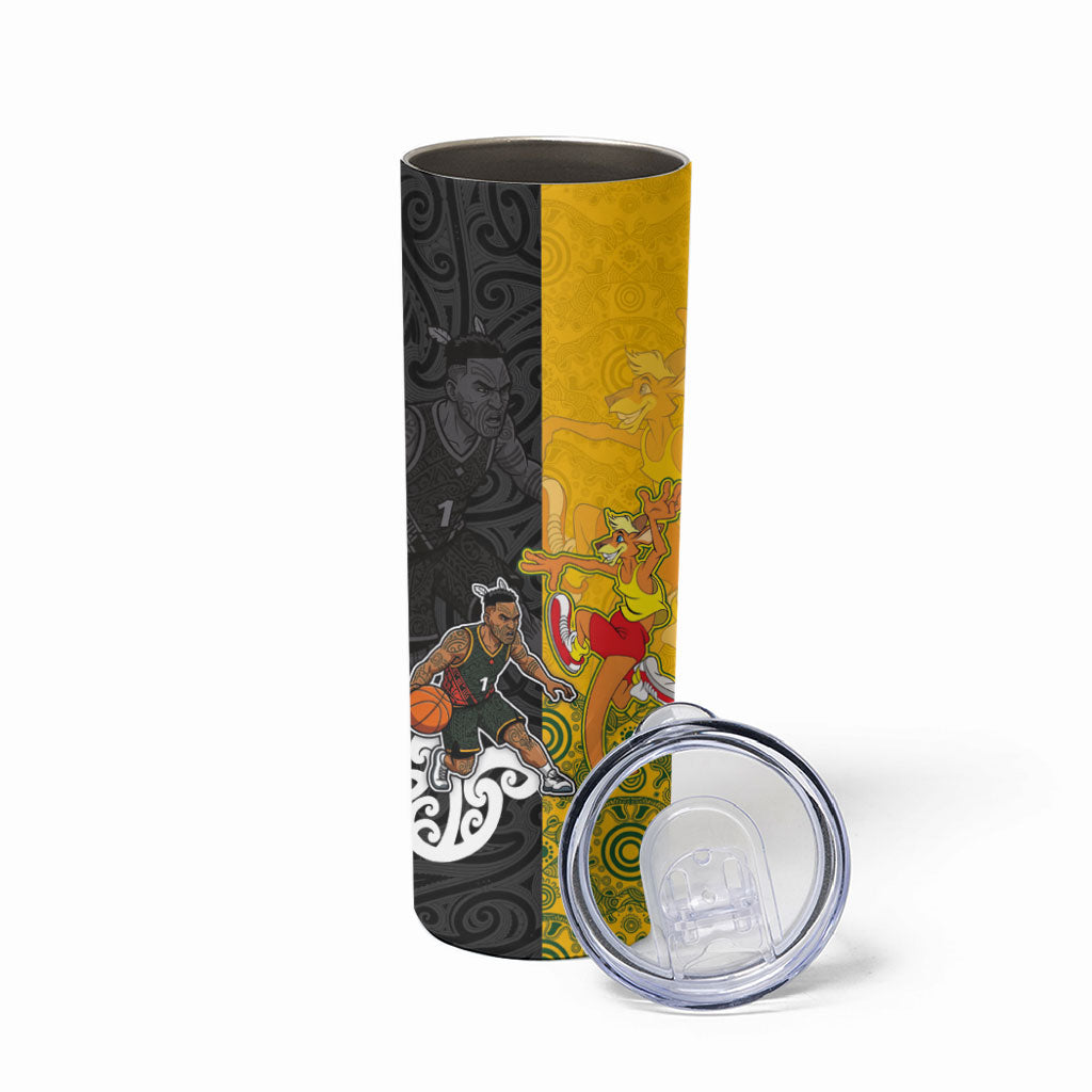 Aotearoa New Zealand And Australia Basketball Custom Skinny Tumbler Maori Tribal Tattoo And Aboriginal Dot Art Heritage