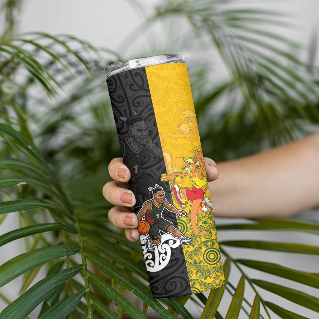 Aotearoa New Zealand And Australia Basketball Custom Skinny Tumbler Maori Tribal Tattoo And Aboriginal Dot Art Heritage