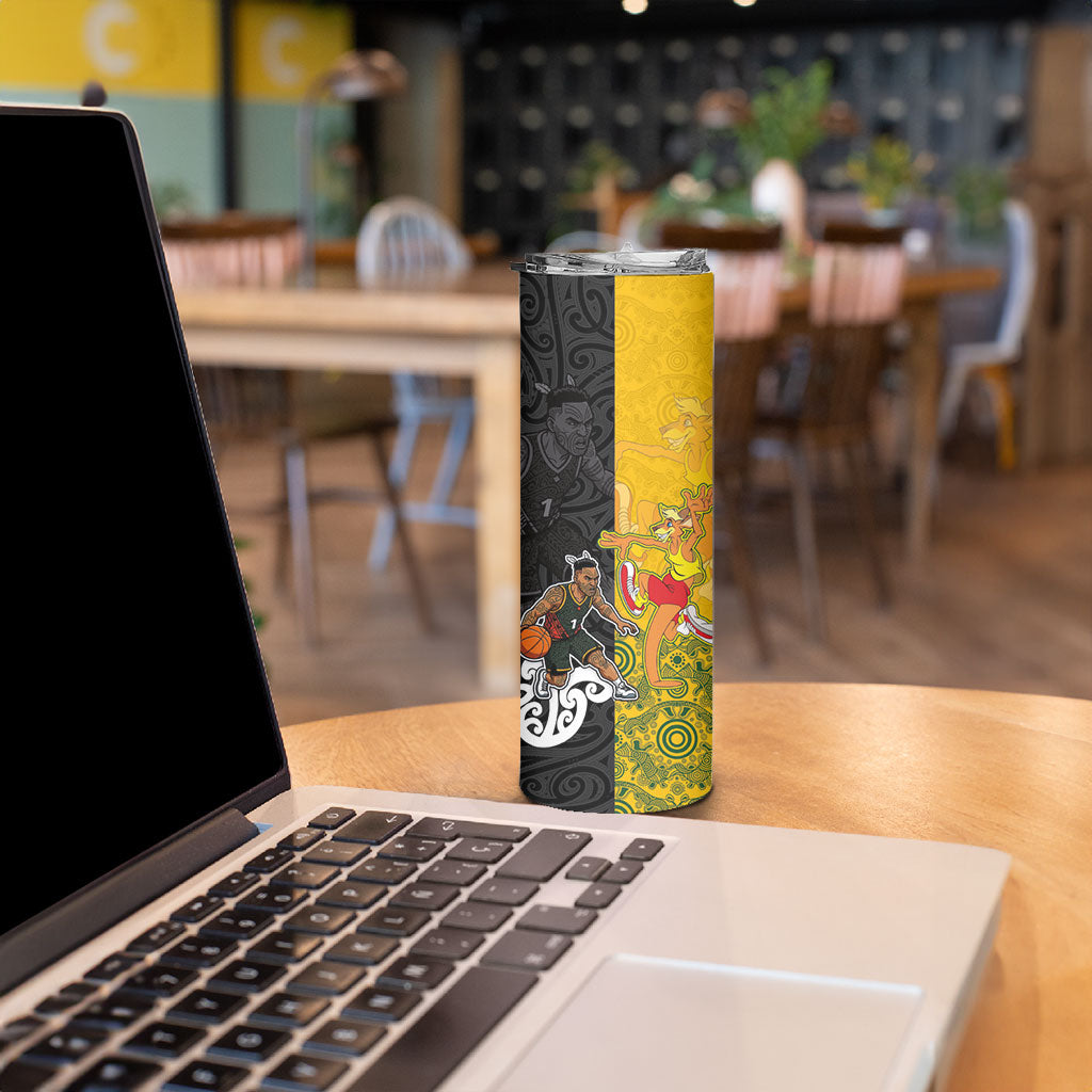 Aotearoa New Zealand And Australia Basketball Custom Skinny Tumbler Maori Tribal Tattoo And Aboriginal Dot Art Heritage