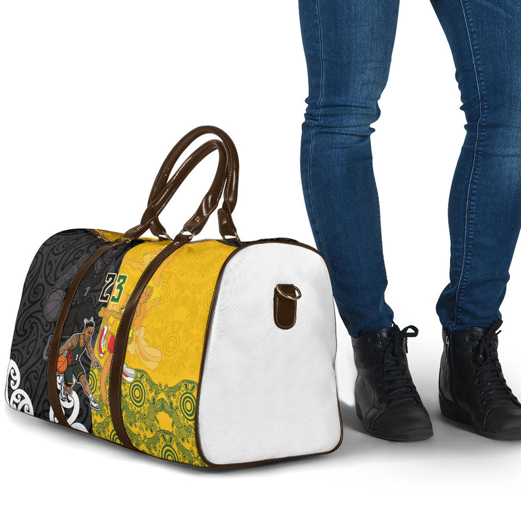 Aotearoa New Zealand And Australia Basketball Custom Travel Bag Maori Tribal Tattoo And Aboriginal Dot Art Heritage
