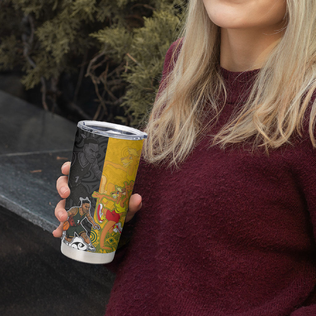 Aotearoa New Zealand And Australia Basketball Custom Tumbler Cup Maori Tribal Tattoo And Aboriginal Dot Art Heritage