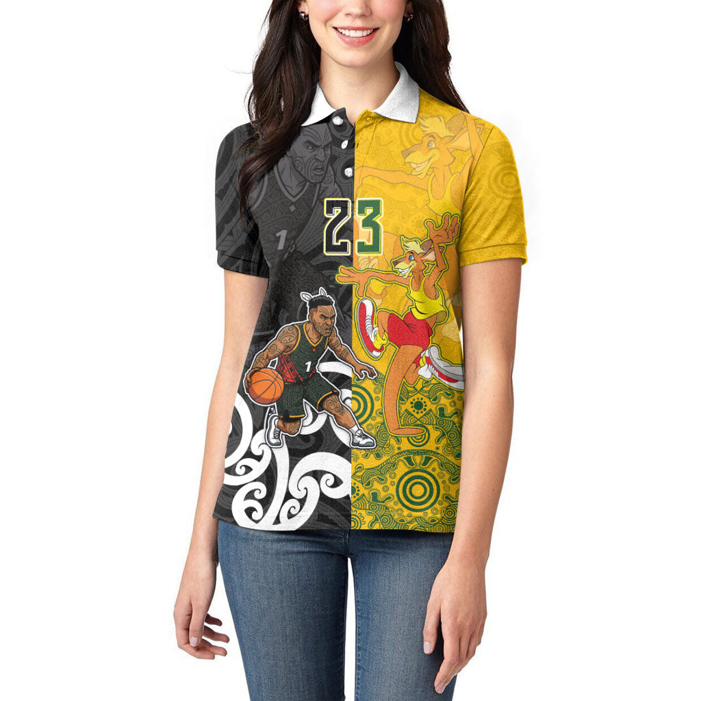 Aotearoa New Zealand And Australia Basketball Custom Women Polo Shirt Maori Tribal Tattoo And Aboriginal Dot Art Heritage