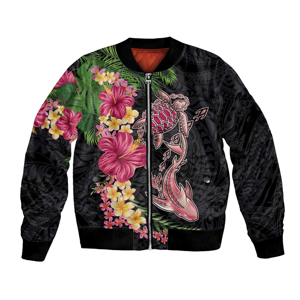 Hawaiian Tropical Plants Turtle and Shark Bomber Jacket Polynesian Art Tattoo LT03 Unisex Black - Polynesian Pride