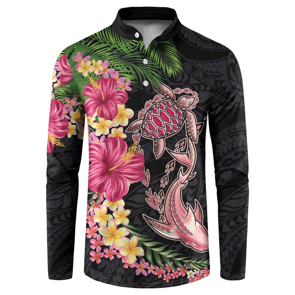 Hawaiian Tropical Plants Turtle and Shark Button Sweatshirt Polynesian Art Tattoo