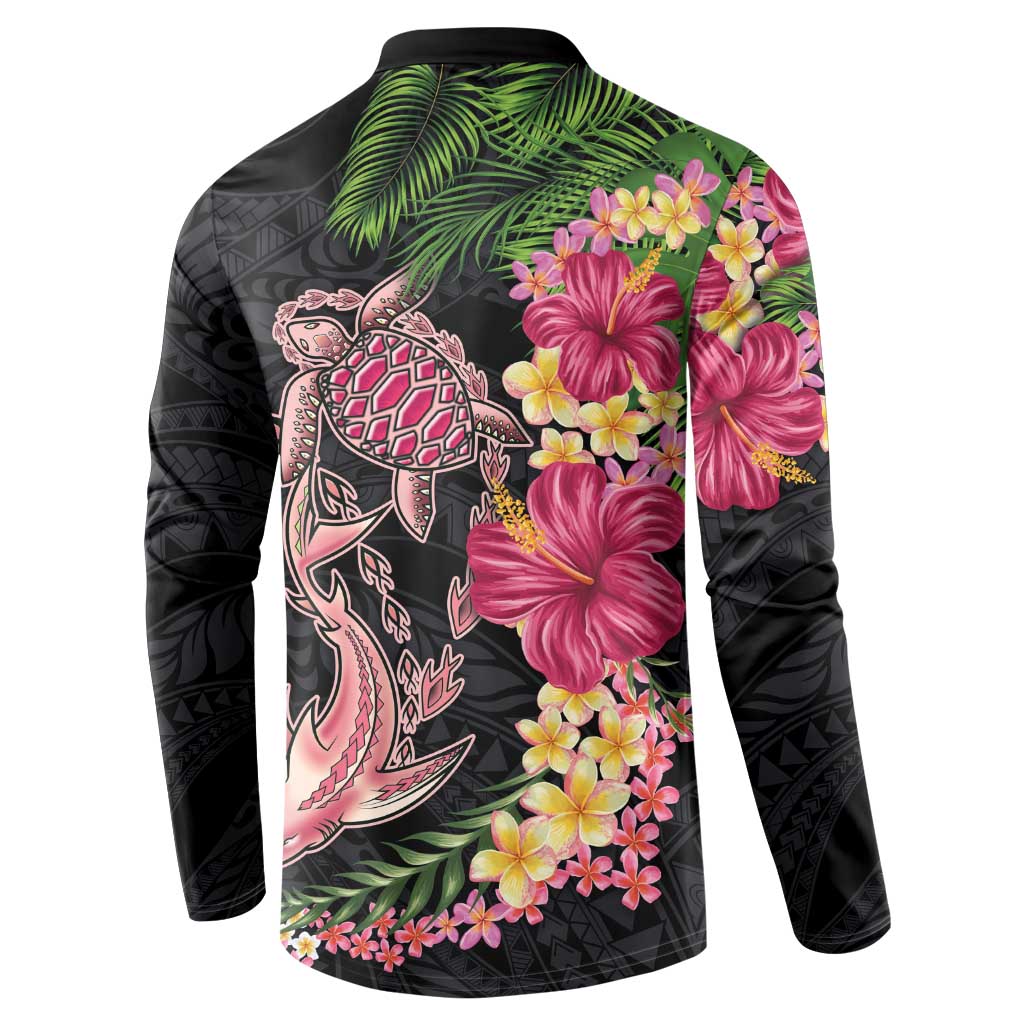 Hawaiian Tropical Plants Turtle and Shark Button Sweatshirt Polynesian Art Tattoo