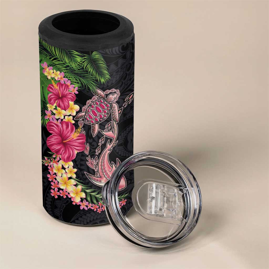 Hawaiian Tropical Plants Turtle and Shark 4 in 1 Can Cooler Tumbler Polynesian Art Tattoo