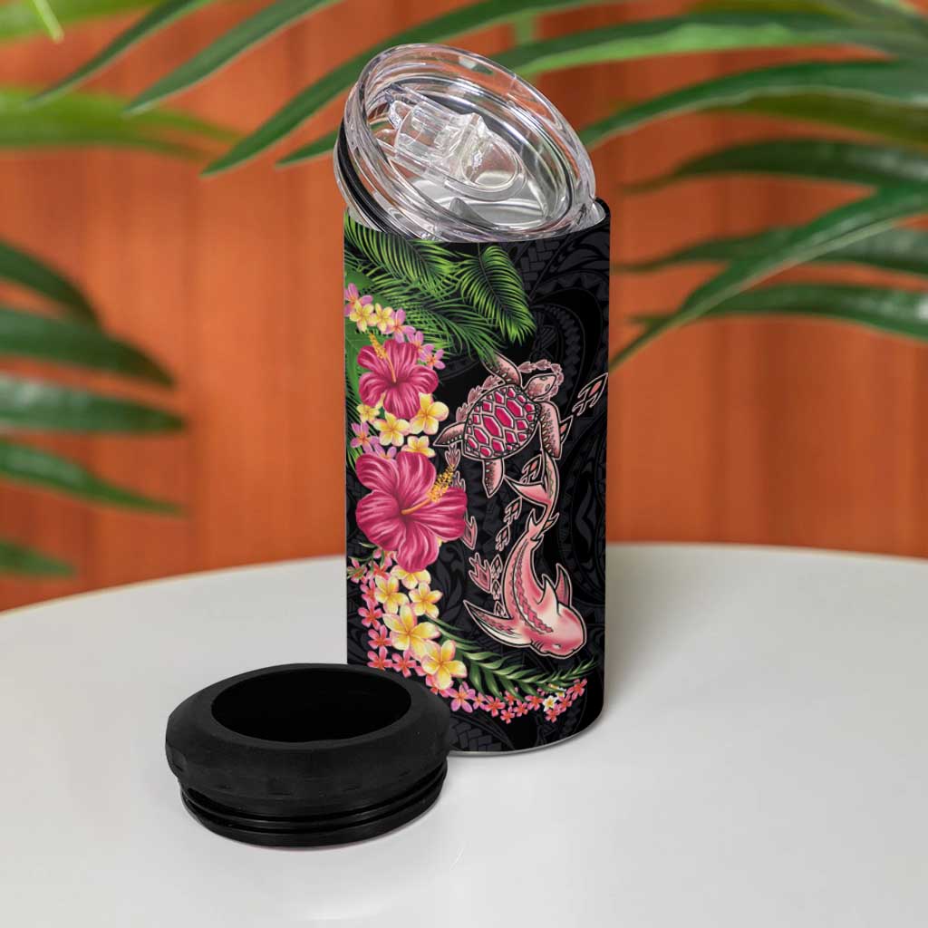 Hawaiian Tropical Plants Turtle and Shark 4 in 1 Can Cooler Tumbler Polynesian Art Tattoo