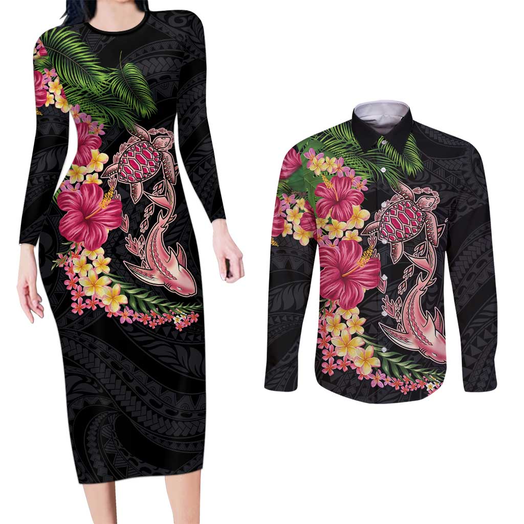 Hawaiian Tropical Plants Turtle and Shark Couples Matching Long Sleeve Bodycon Dress and Long Sleeve Button Shirt Polynesian Art Tattoo