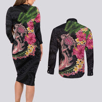 Hawaiian Tropical Plants Turtle and Shark Couples Matching Long Sleeve Bodycon Dress and Long Sleeve Button Shirt Polynesian Art Tattoo