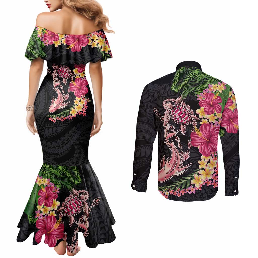 Hawaiian Tropical Plants Turtle and Shark Couples Matching Mermaid Dress and Long Sleeve Button Shirt Polynesian Art Tattoo