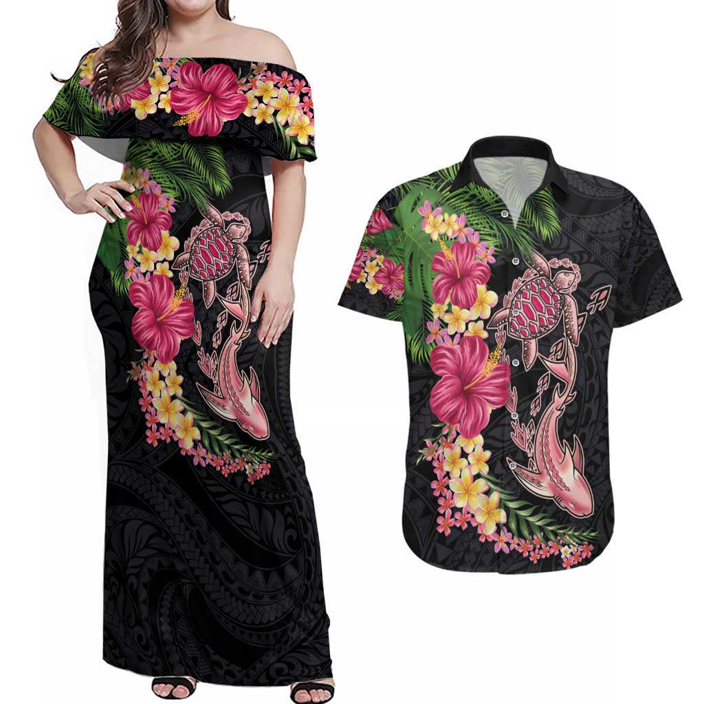 Hawaiian Tropical Plants Turtle and Shark Couples Matching Off Shoulder Maxi Dress and Hawaiian Shirt Polynesian Art Tattoo