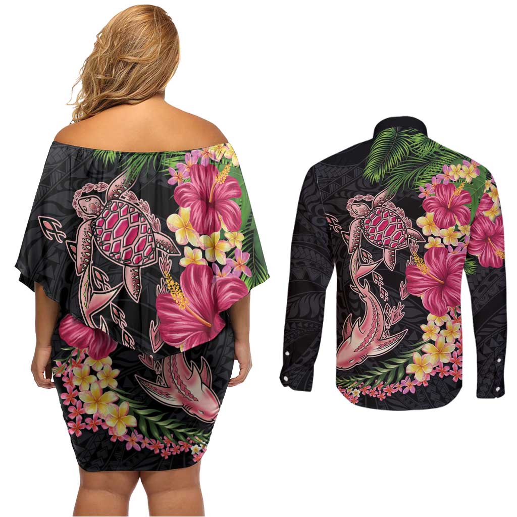 Hawaiian Tropical Plants Turtle and Shark Couples Matching Off Shoulder Short Dress and Long Sleeve Button Shirt Polynesian Art Tattoo